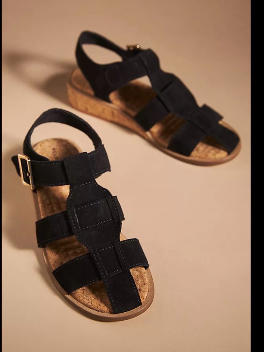 Kelsi Dagger Black Suede Cork Footbed Slide with Gold Accent